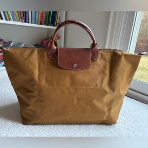 Longchamp Original Large Le Pliage Travel Bag/Tote in Camel/Fawn with Brown Trim